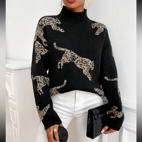 Oversized Leopard Print Sweater - Black main image 1